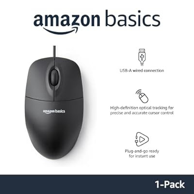Amazon Basics 3-Button USB Wired Mouse – Optical Tracking & Scroll Wheel | Standard, Black